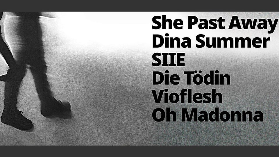 Plakat zum Katzenclub Festival mit unscharfer Schwarzweißaufnahme von gehenden Beinen auf der linken Seite sowie den Bandnamen She Past Away, Dina Summer, SIIE, Die Tödin, Vioflesh und Oh Madonna in großer schwarzer Schrift auf hellem Hintergrund.