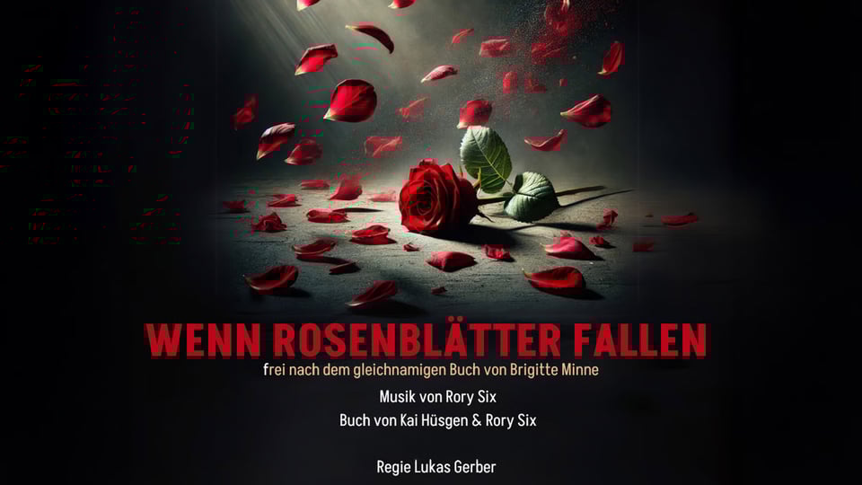 Eine Rose liegt auf dem Boden, um sie herum fallen Rosenblätter.