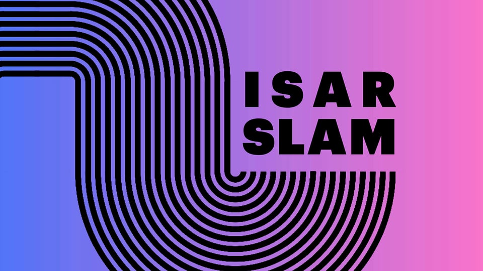 Foto für das ISAR-Event mit einem Farbverlauf in Rosa und Blau und fetter Typografie.