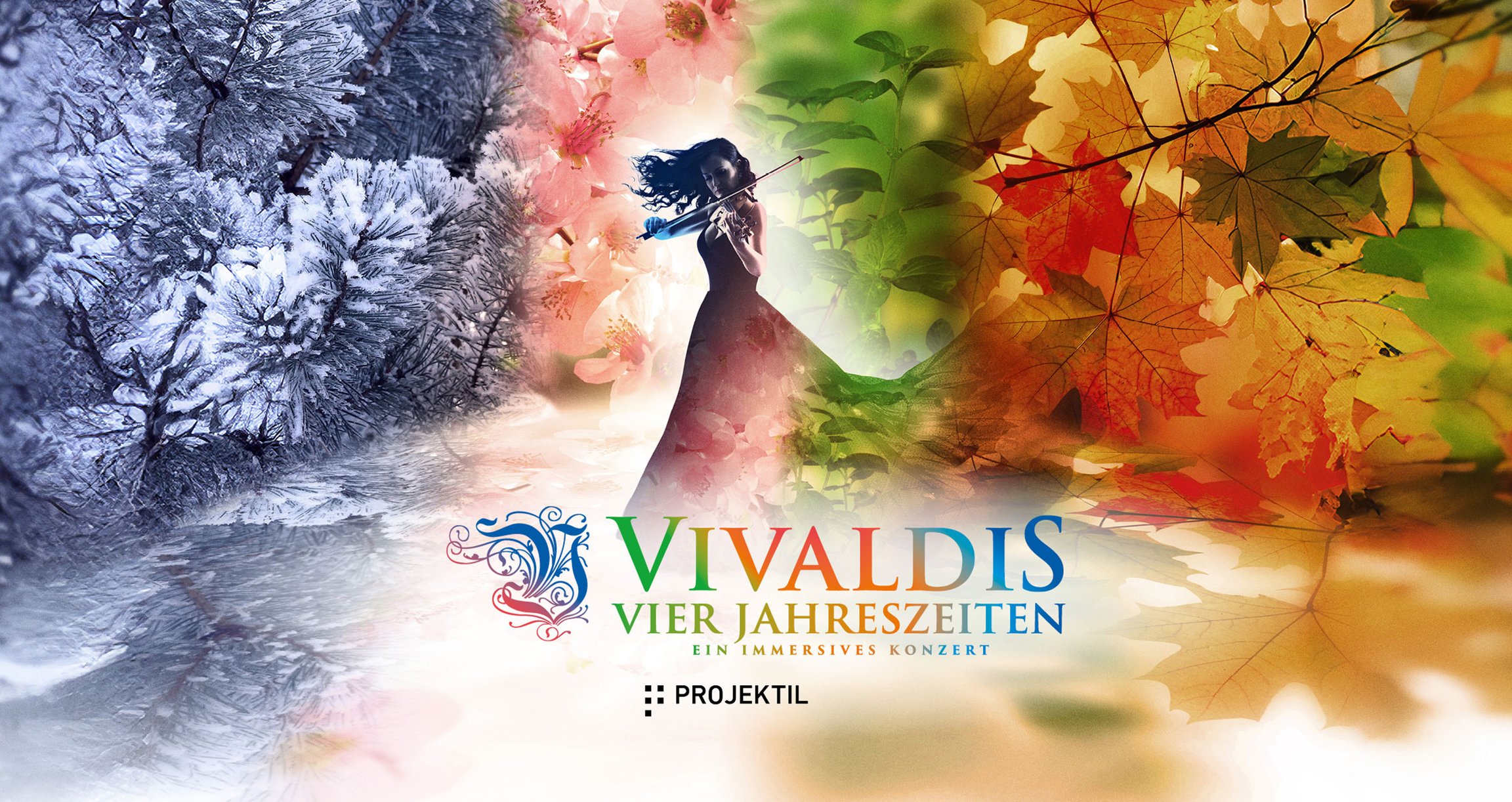 das Plakat der Veranstaltung mit einem Bild aller Jahreszeiten, dargestellt mit der Natur, mit einigen Blumen und Blättern.