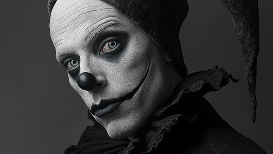 Foto für die Veranstaltung TYLL in Schwarz-Weiß mit dem Gesicht eines Clowns.