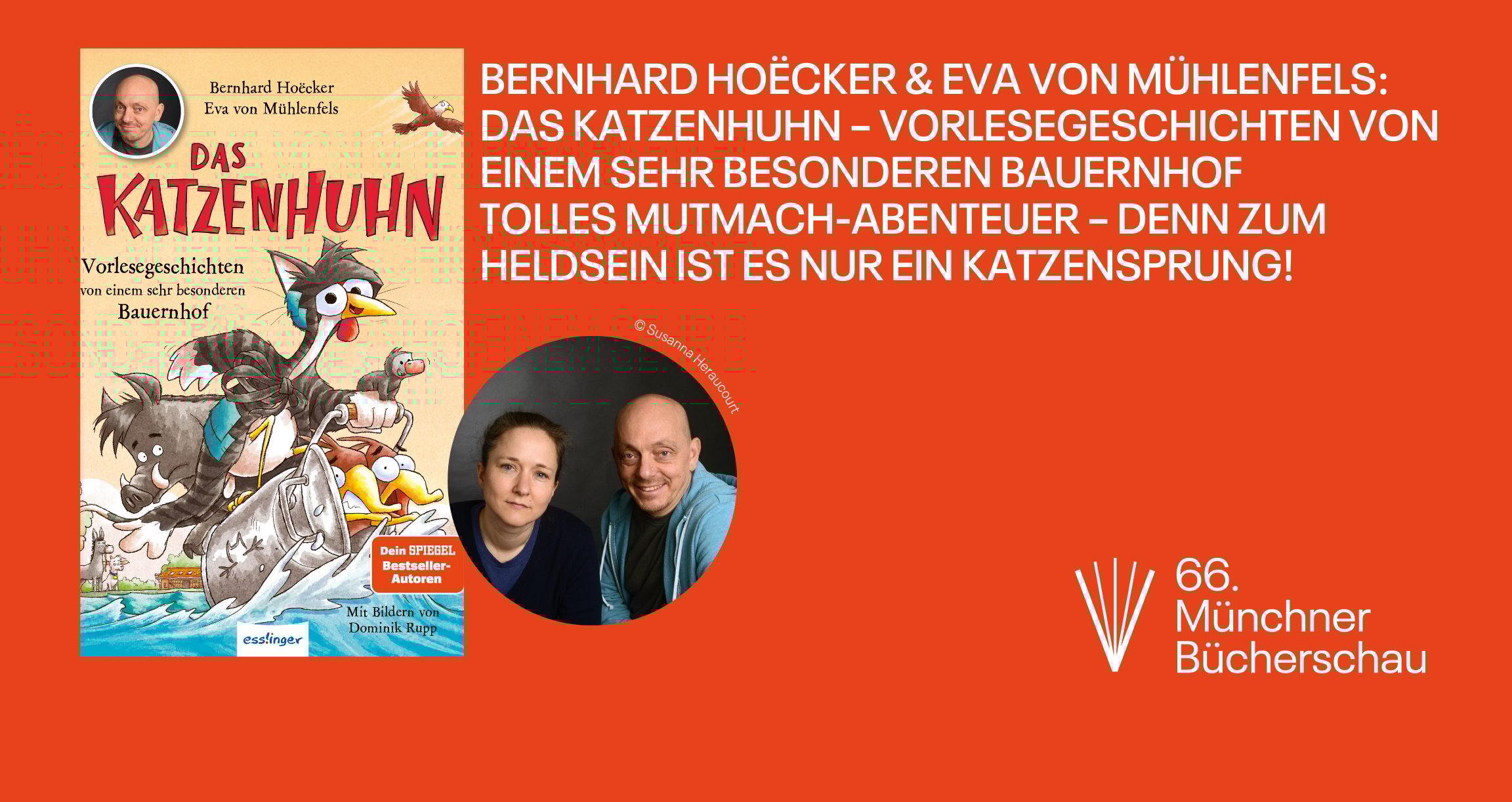 Grafik mit orangenem Hintergrund, einem Buchcover und einem Foto mit zwei Personen. 