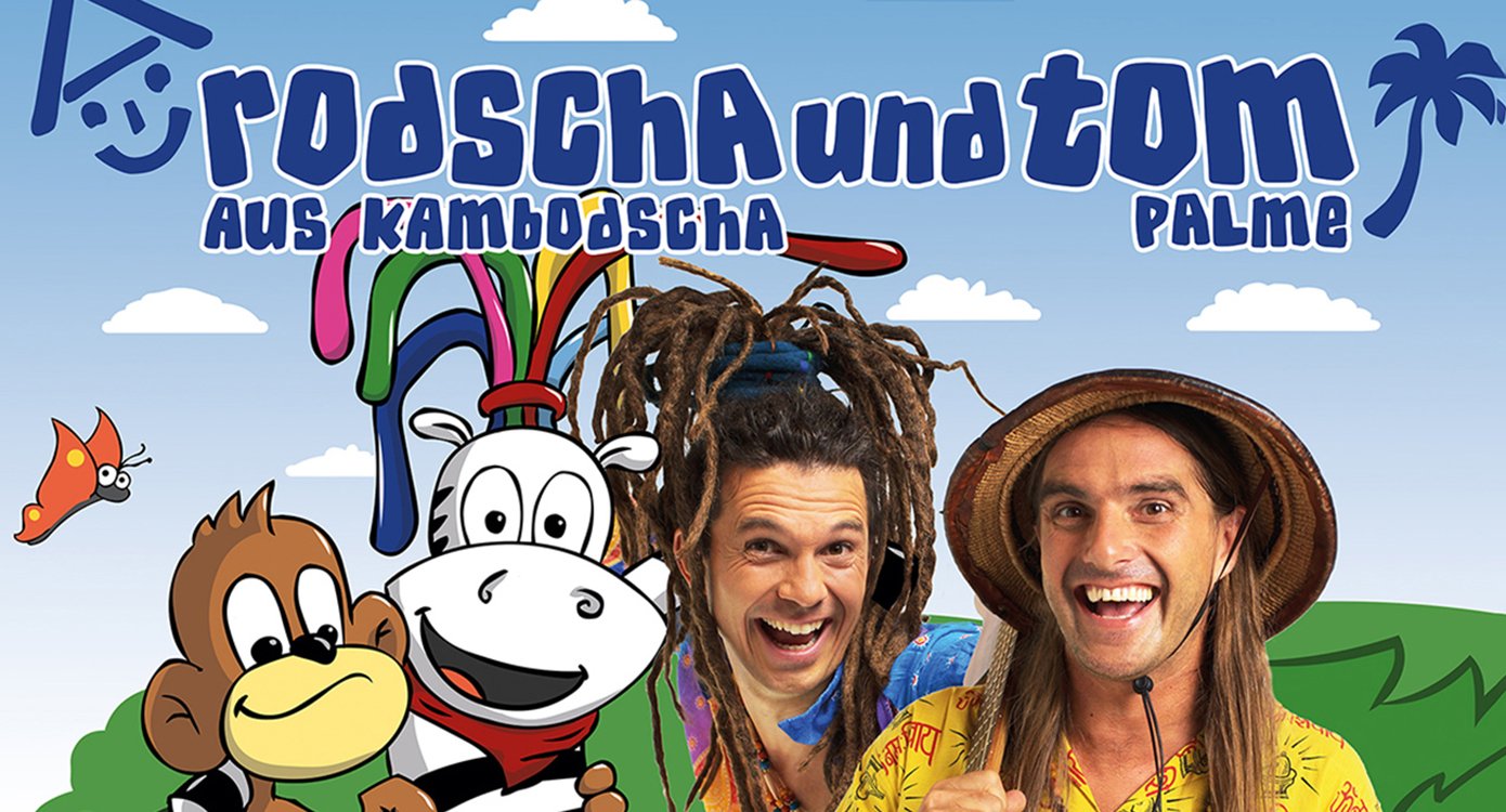 eine Illustration mit zwei Männern, von denen der eine lange Haare und einen Hut trägt und der andere Dreadlocks hat. Der Rest der Illustration ist eine Zeichnung mit einem Zebra und einem Affen, die lächeln, und im Hintergrund ein blauer Himmel mit Wolken.