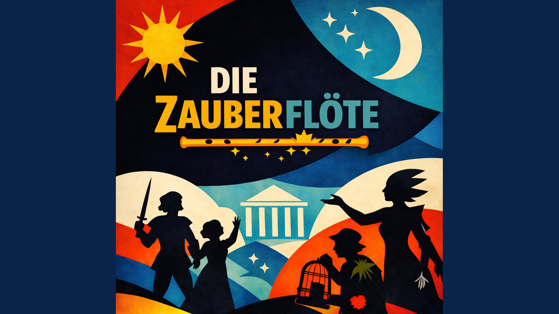 Plakat Die Zauberflöte mit stilisierten Silhouetten mehrerer Figuren aus der Oper, einer Querflöte, Sonne und Mond sowie einem tempelartigen Gebäude vor farbenfrohem Hintergrund in Blau, Orange und Rot mit großem Titel Die Zauberflöte.