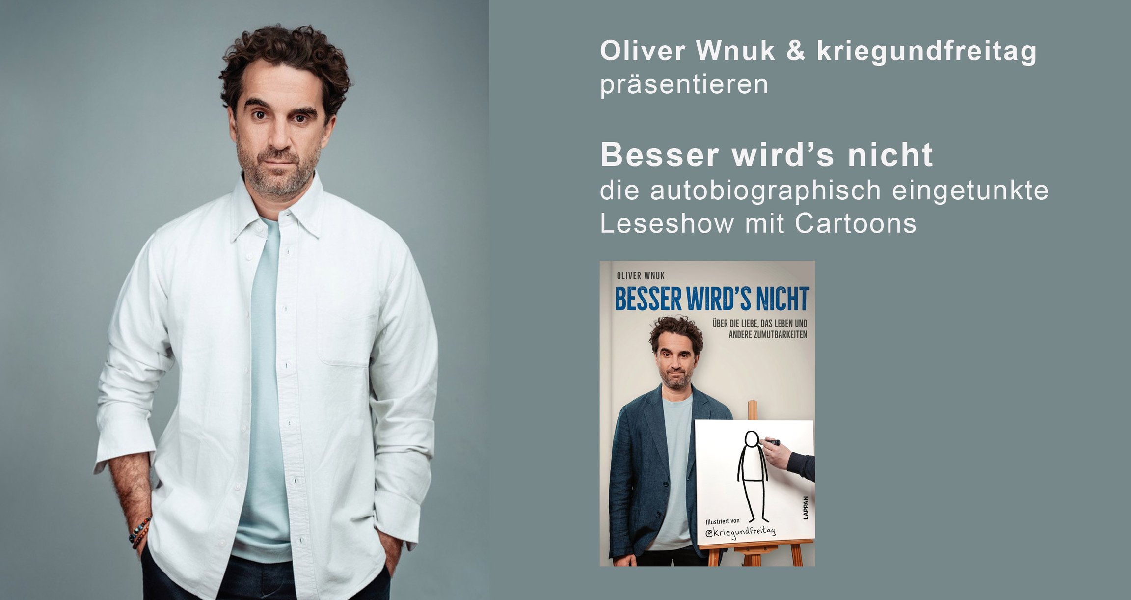 Collage mit Bild des Künstlers und Ankündigung auf grau blauem Hintergrund