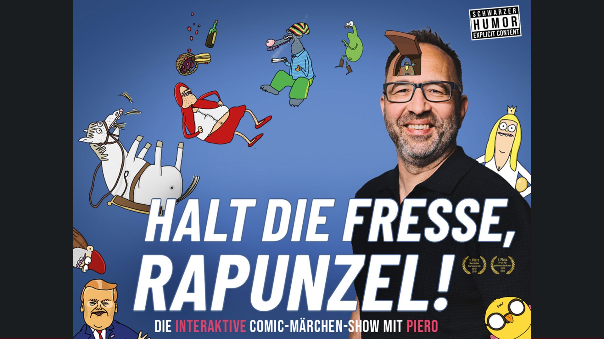 Plakat für die Veranstaltung von PIERO – Halt die Fresse, Rapunzel! mit dem Künstler und einigen seiner Illustrationen vor blauem Hintergrund