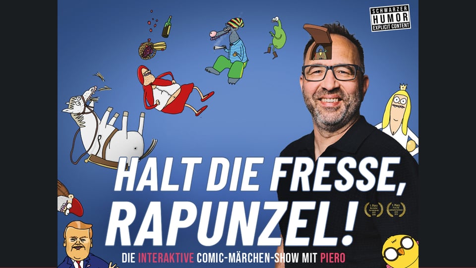 Plakat für die Veranstaltung von PIERO – Halt die Fresse, Rapunzel! mit dem Künstler und einigen seiner Illustrationen vor blauem Hintergrund