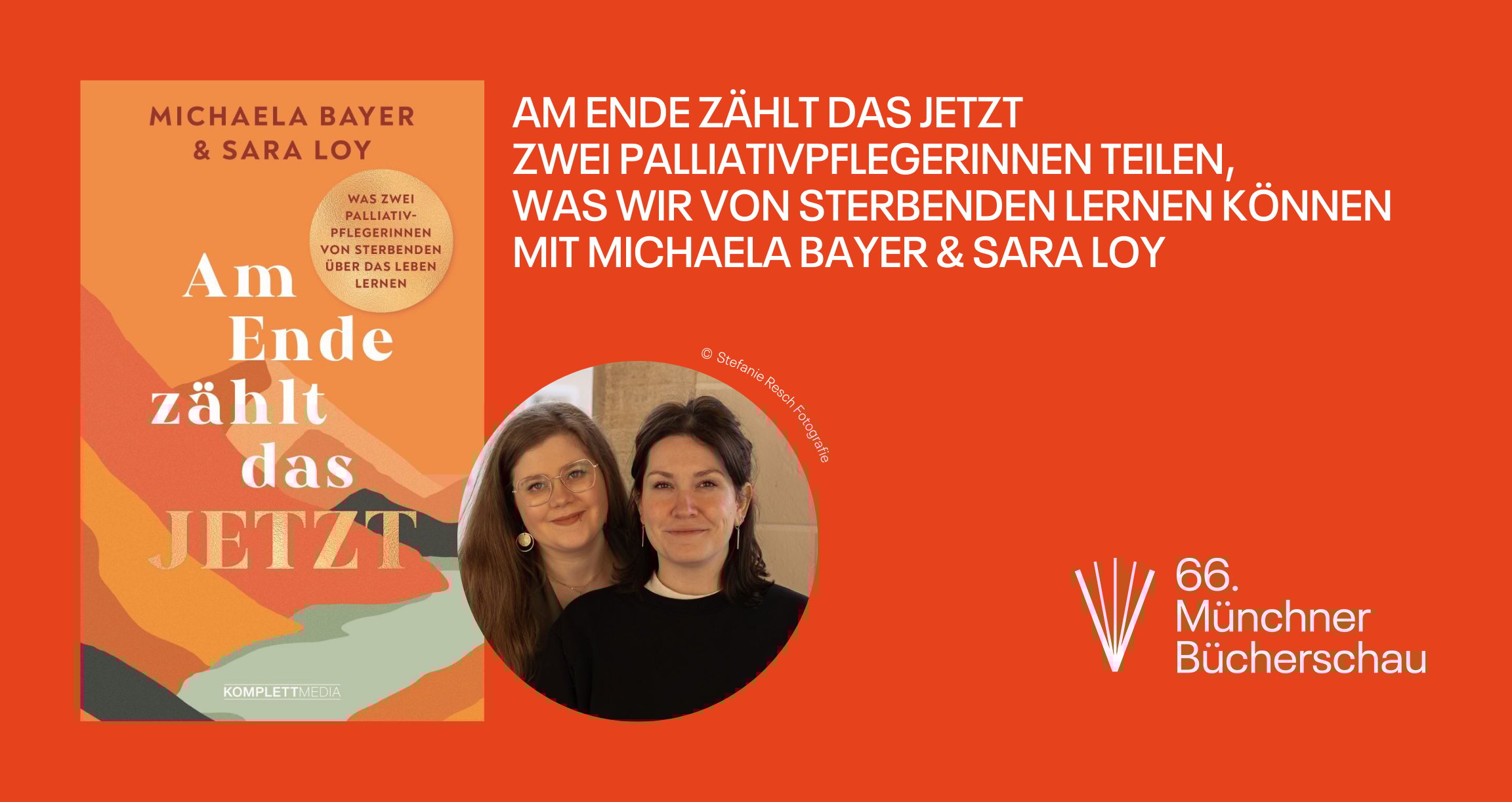 Grafik mit orangener Hintergerund, einem Buchcover und einem Foto zweier Personen. 