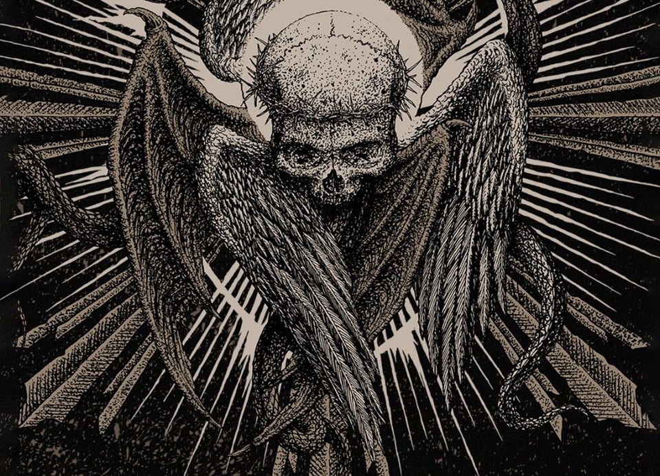 Grafik mit Totenkopf und Flügeln in sepia