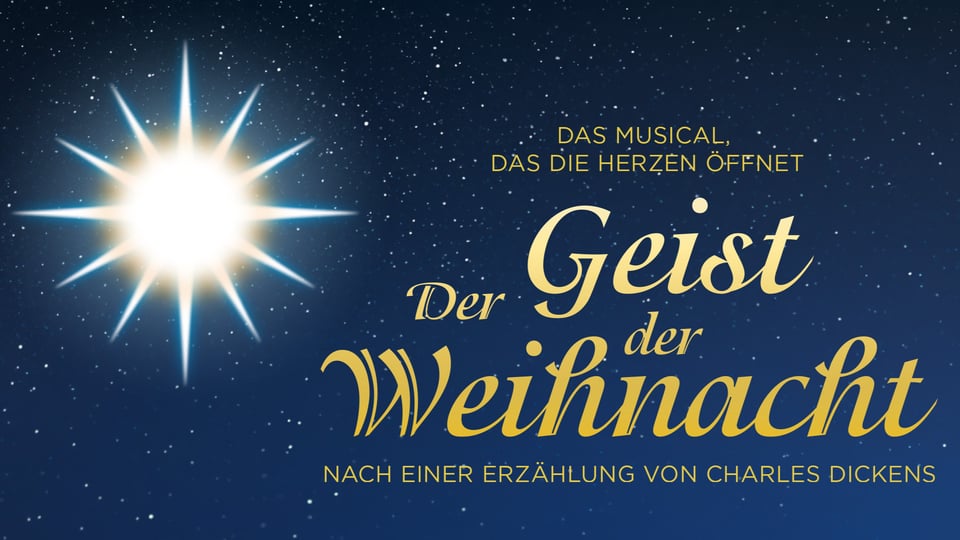 Blaue Grafik mit einem Stern und Aufschrift in gelb zum Musical Der Geist der Weihnacht