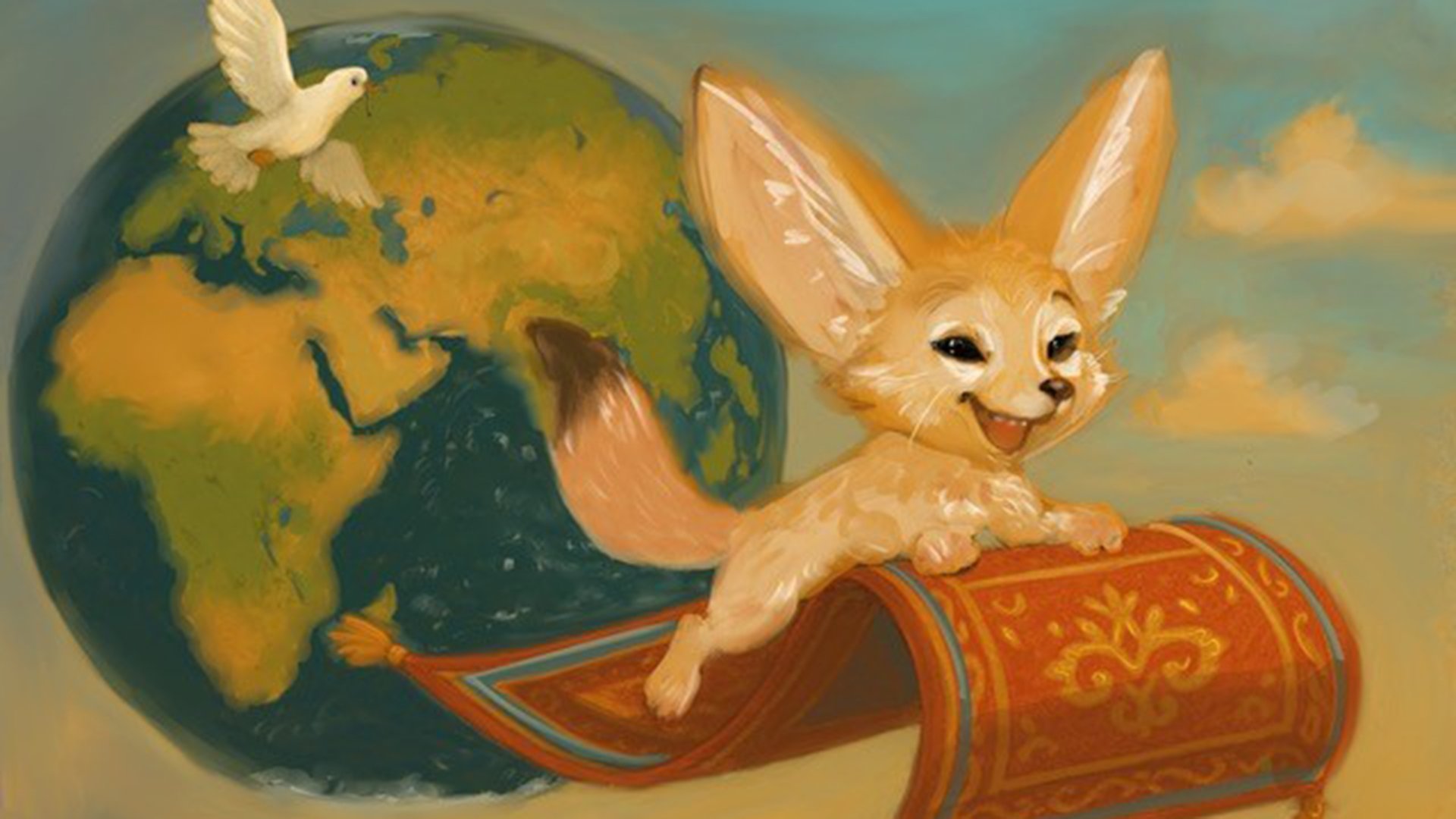 Eine Zeichnung von einem Fuchs auf einem fliegenden Teppich und eine Weltkugel