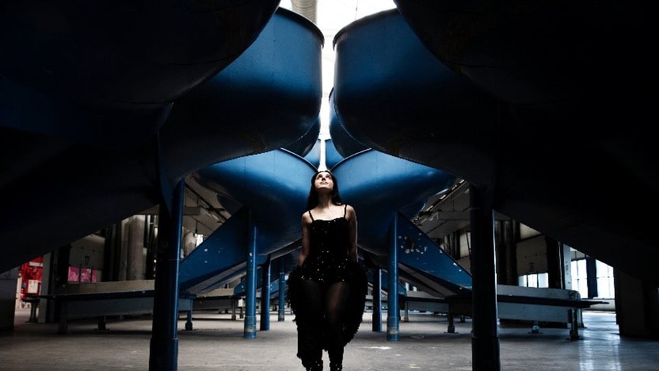 Foto einer Dame in dunkler Kleidung, stehend in einer industriellen Halle zwischen großen, blauen, trichterförmigen Metallstrukturen; symmetrische Perspektive mit Licht von oben.