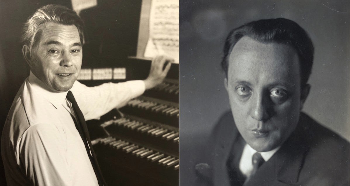 Collage in schwarz-weissaus zwei Bildern, ein Portrait und ein Mann sitzend vor einem Tasteninstrument