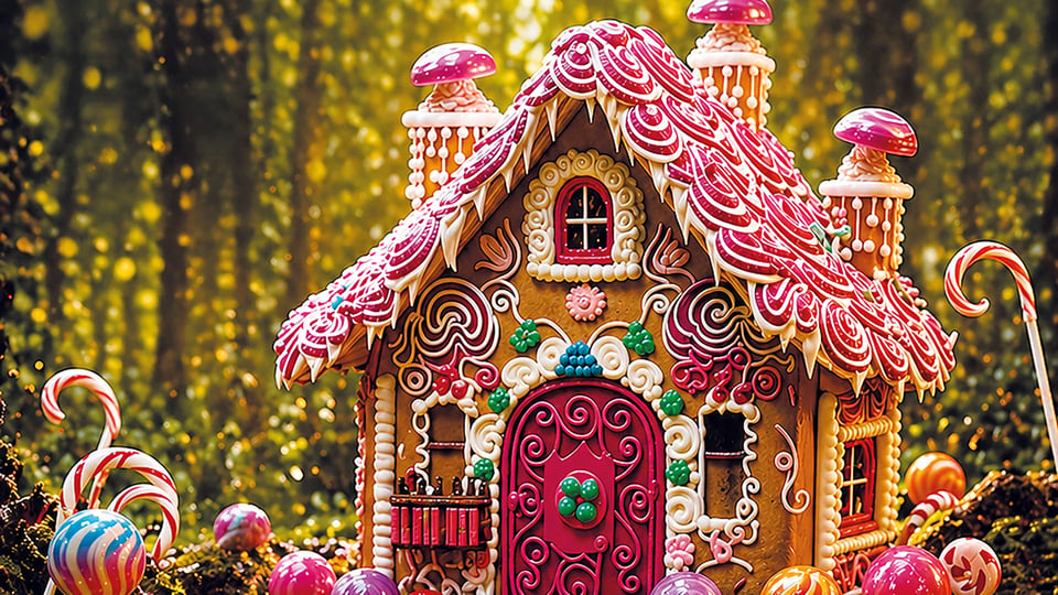 Motiv Hänsel und Gretel mit detailreichem Lebkuchenhaus mit rotem Zuckerdach und bunten Süßigkeiten im Wald vor warm leuchtendem Hintergrund