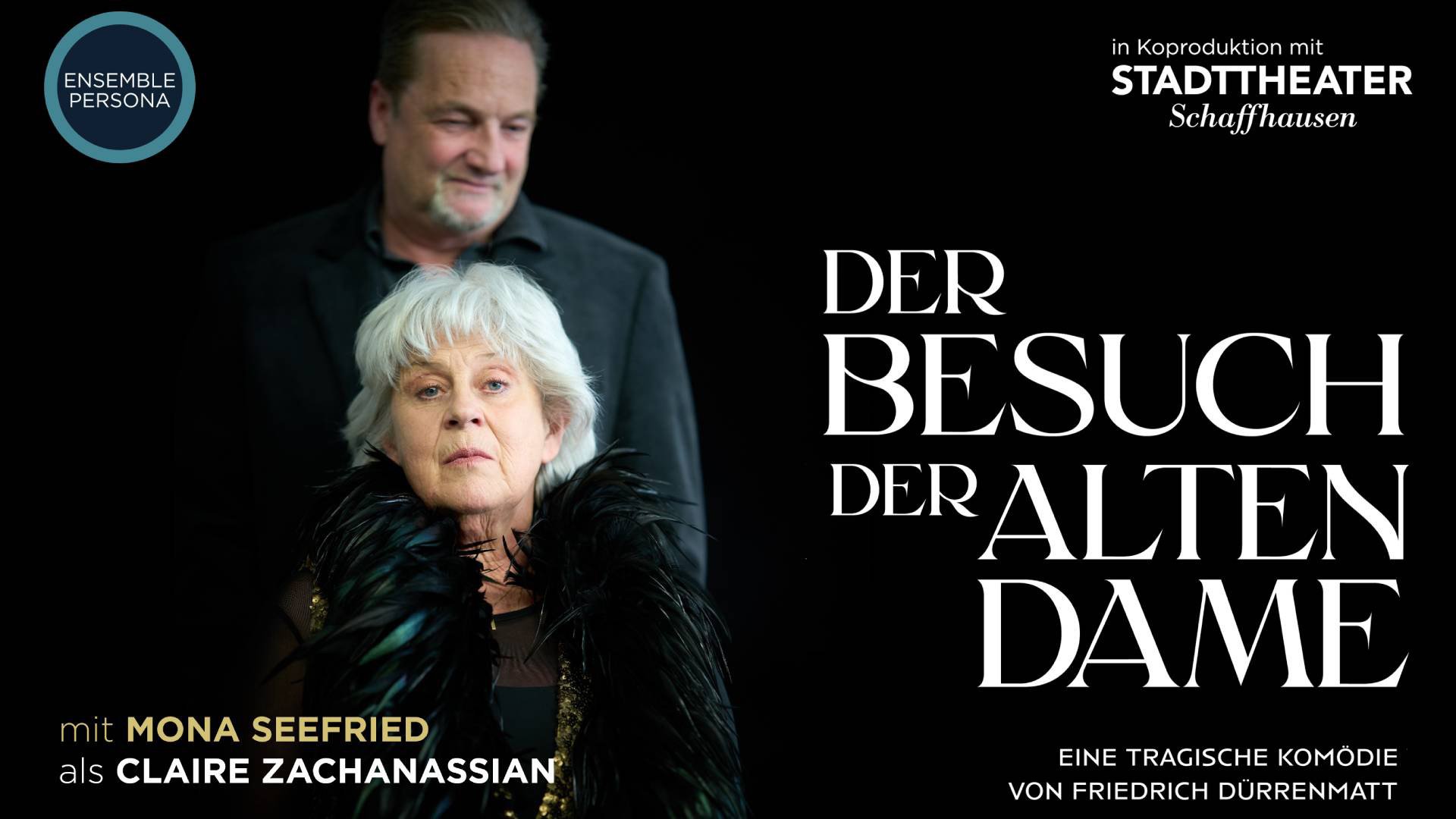 Foto für die Veranstaltung Der Besuch der alten Dame mit einer Frau und einem Mann sowie weißer Typografie auf schwarzem Hintergrund.