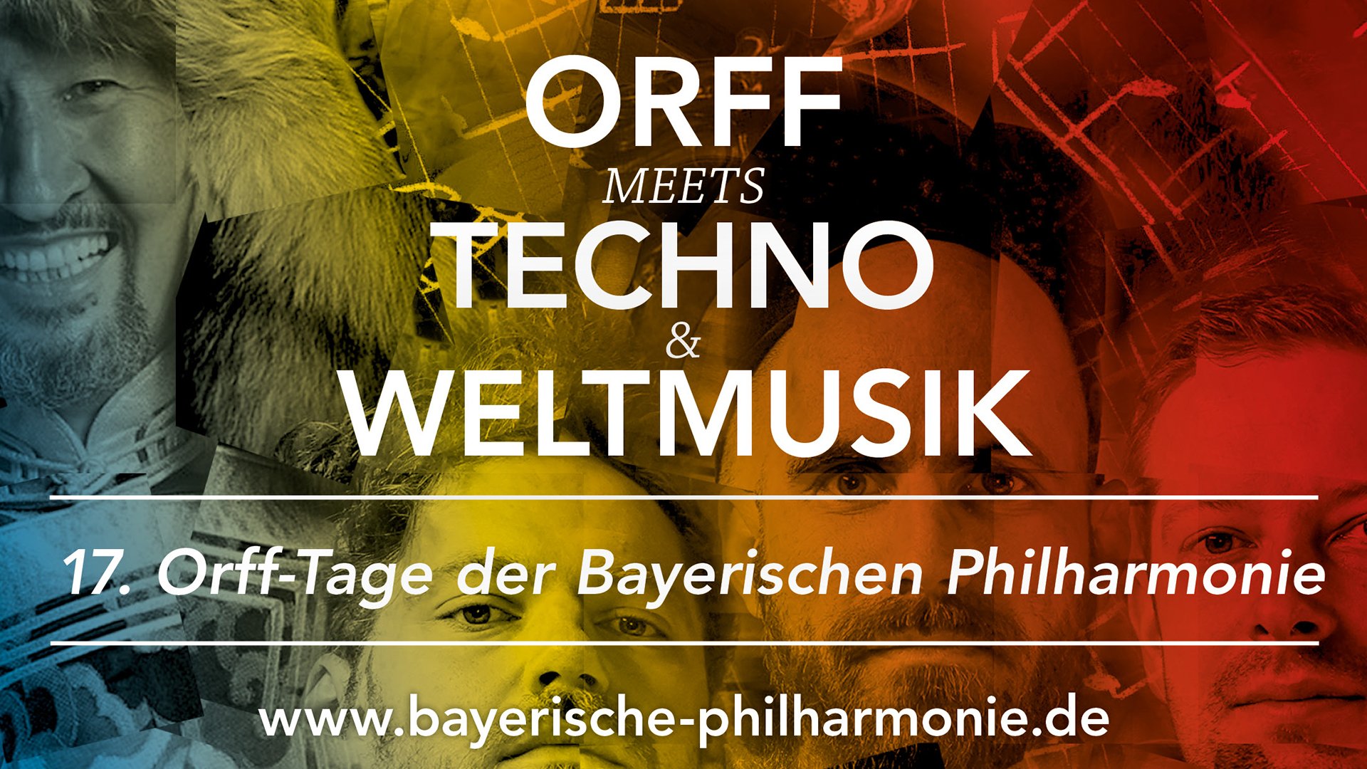 Buntes Konzertplakat mit Gesichtern und dem Schriftzug Orff meets Techno & Weltmusik