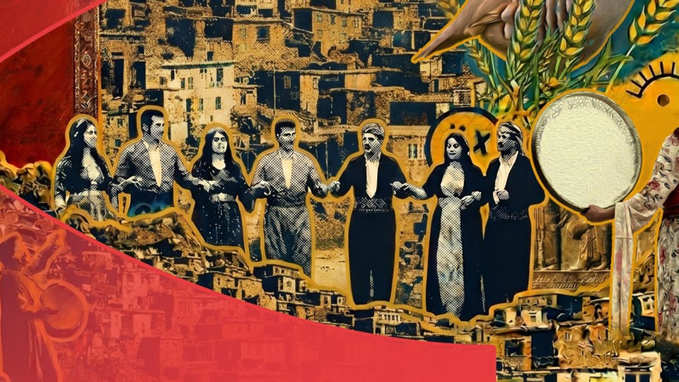 Collage‑Grafik mit traditionellem Reigentanz, Stadtmotiv und großer Rahmentrommel in warmen Farben