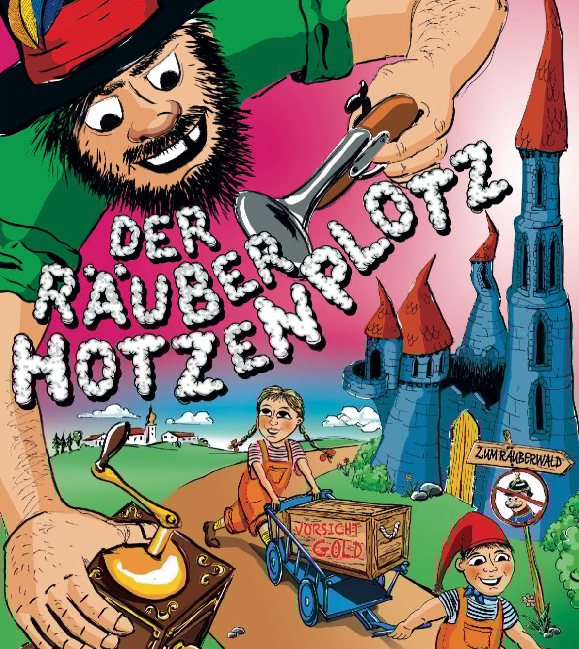Poster der Veranstaltung mit einer Illustration von Kindern und einer Burg. Darüber eine Person in größeren Dimensionen. Eine sehr bunte Illustration