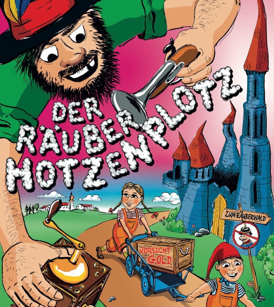 Poster der Veranstaltung mit einer Illustration von Kindern und einer Burg. Darüber eine Person in größeren Dimensionen. Eine sehr bunte Illustration