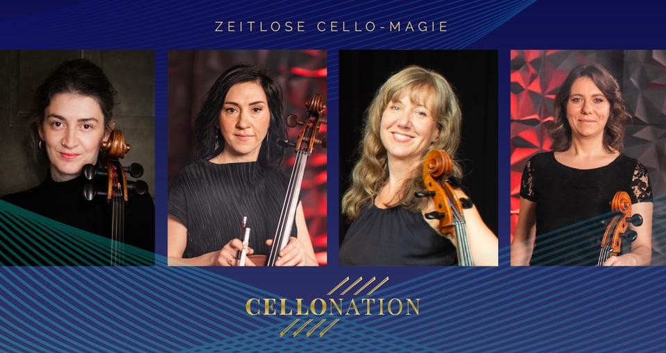 Vier Musikerinnen in einer Collage mit Instrumenten in der Hand