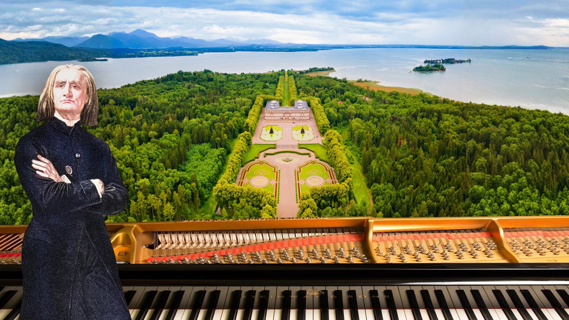 Luftaufnahme eines Schlosses am See mit Gartenanlage, davor ein Klavier und historische Koomponistenfigur.