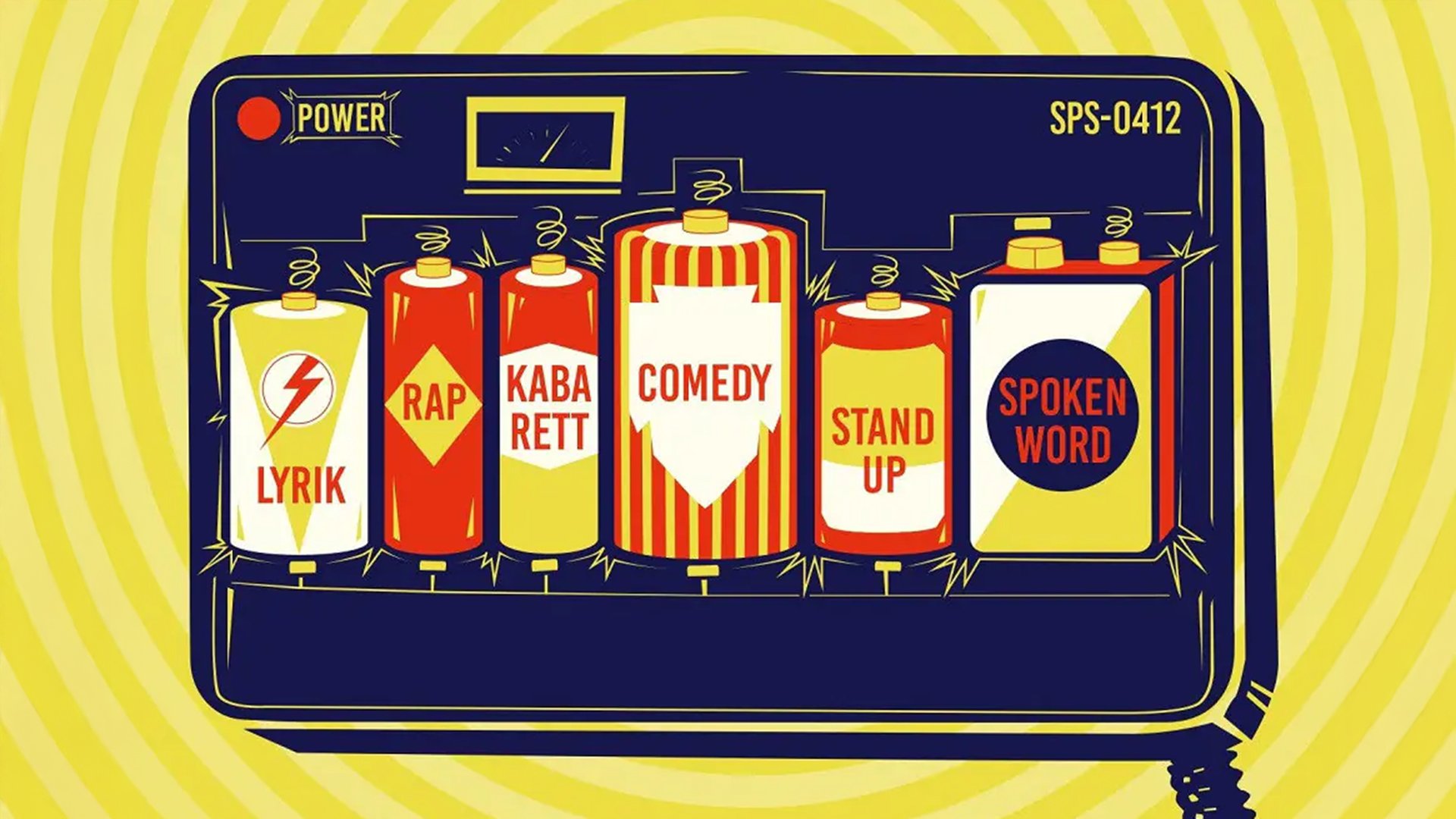 Eine Illustration für die Veranstaltung des 108. Schwabinger Poetry Slam mit verschiedenen Batterietypen auf gelbem Hintergrund