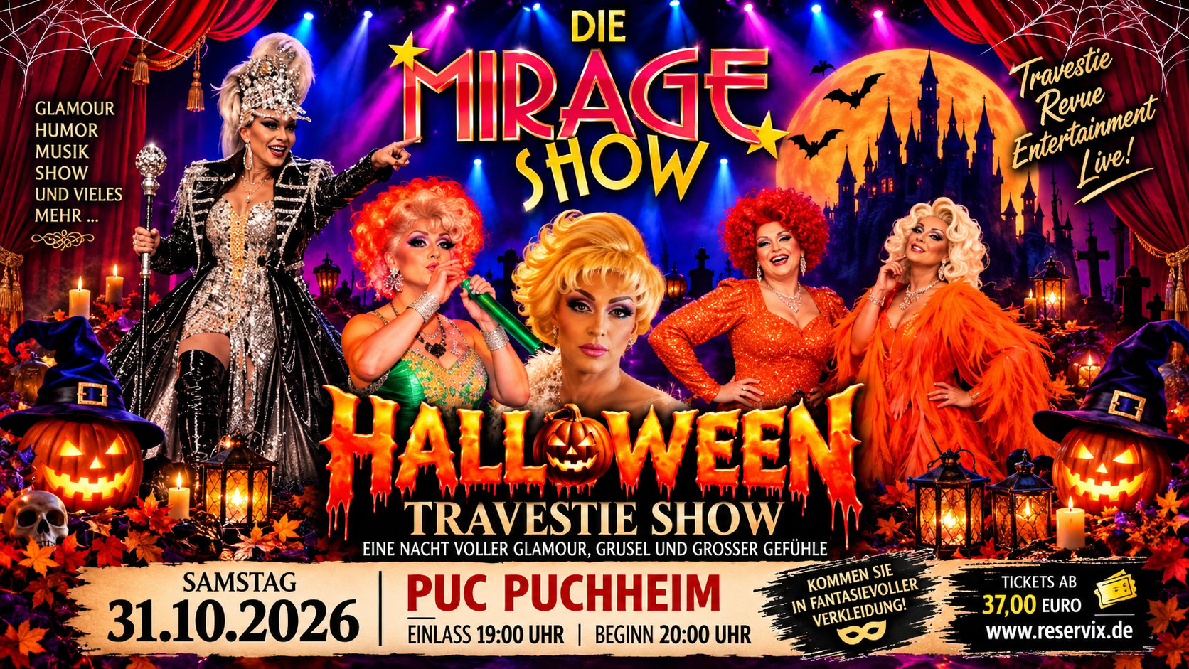 Poster zur Die Mirage Show an Halloween mit mehreren Traverstie Künstlern und ganz viel Halloween Deko
