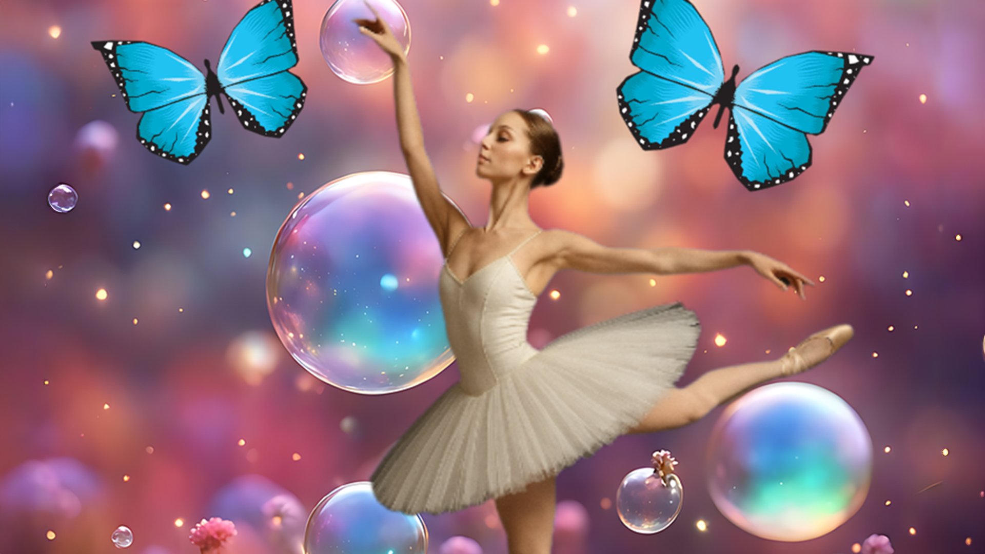 Fantasievolle Illustration in pink und blau mit tanzender Ballettfigur, schwebenden Seifenblasen, blauen Schmetterlingen zur Veranstaltung Däumelinchen