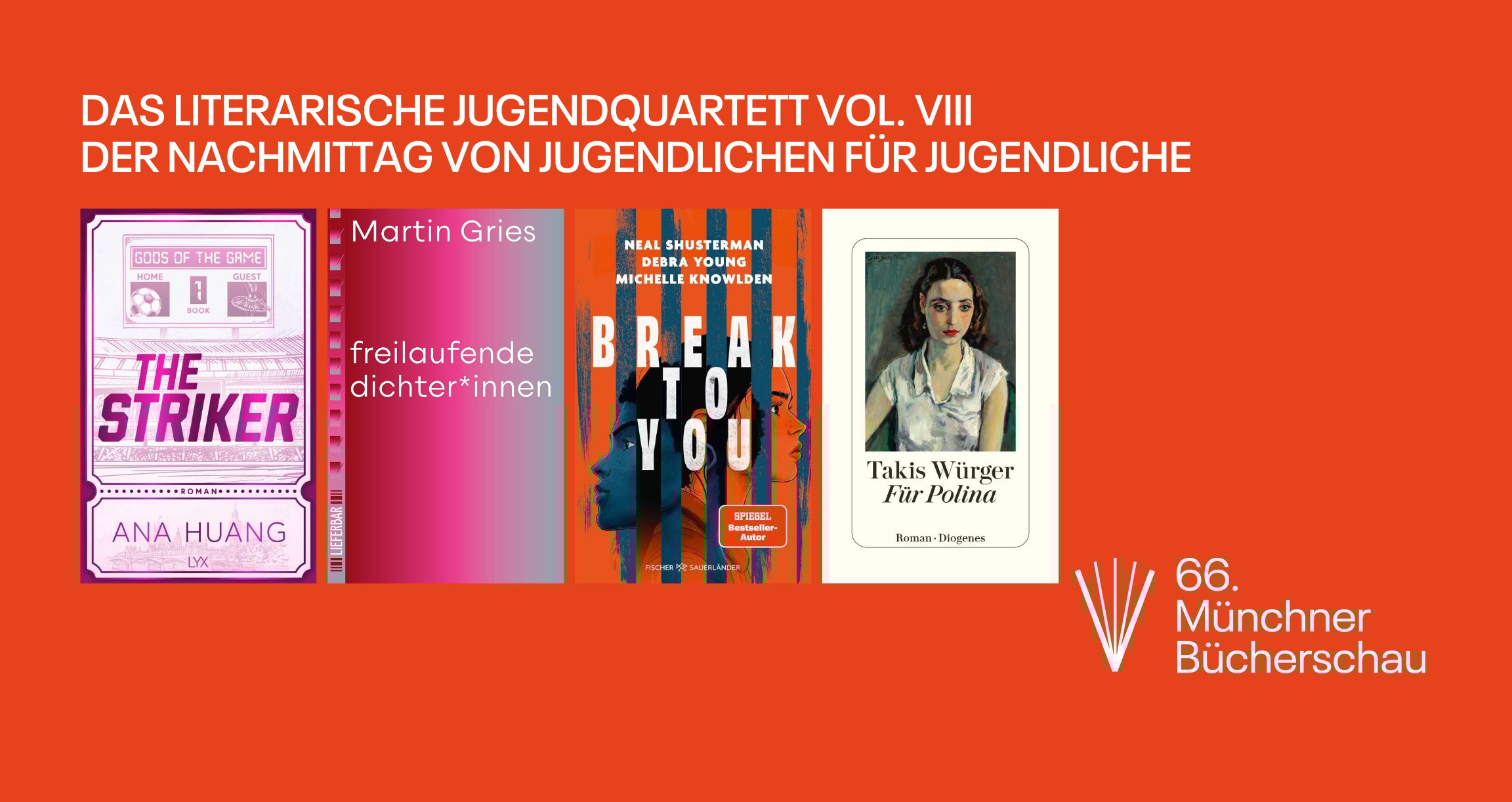 Grafik mit orangenem Hintergrund und vier Buchcovern 