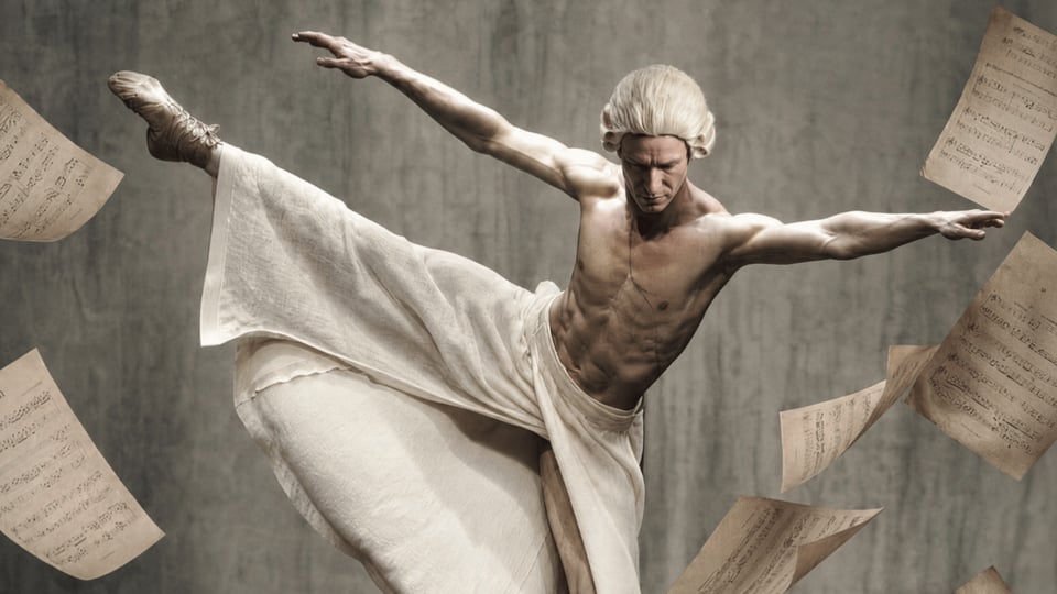 Ballettmotiv mit einer tanzenden Person in historischer Perücke und fließendem weißem Gewand. Um die Figur schweben mehrere Notenblätter, während die Person eine ausdrucksstarke Pose vor grauem Hintergrund einnimmt.