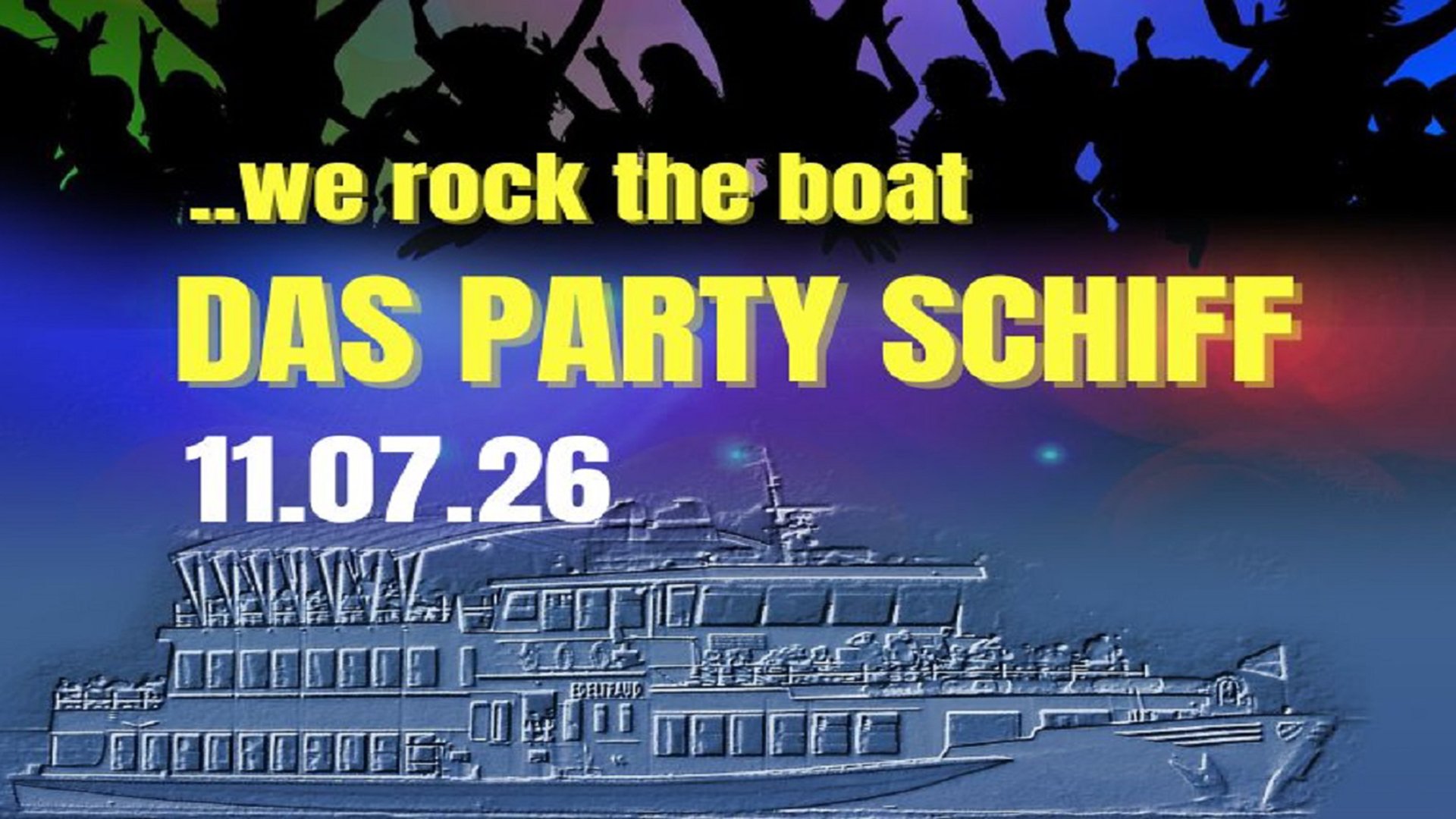 Plakat mit Grafik eines Schiffes und Ankündigung