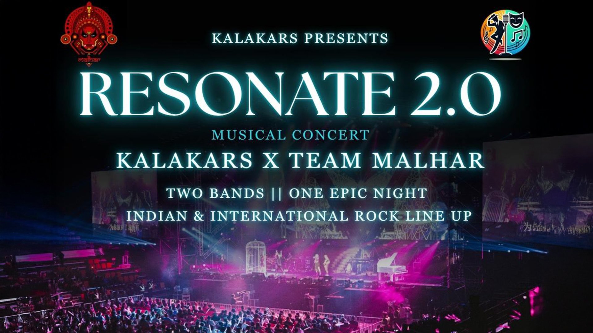 Eventplakat Resonate 2.0 – Musical Concert von Kalakars: große Konzertbühne mit Lichtshow und Publikum, Schriftzüge Kalakars x Team Malhar und Hinweis auf Indian & International Rock Line-up