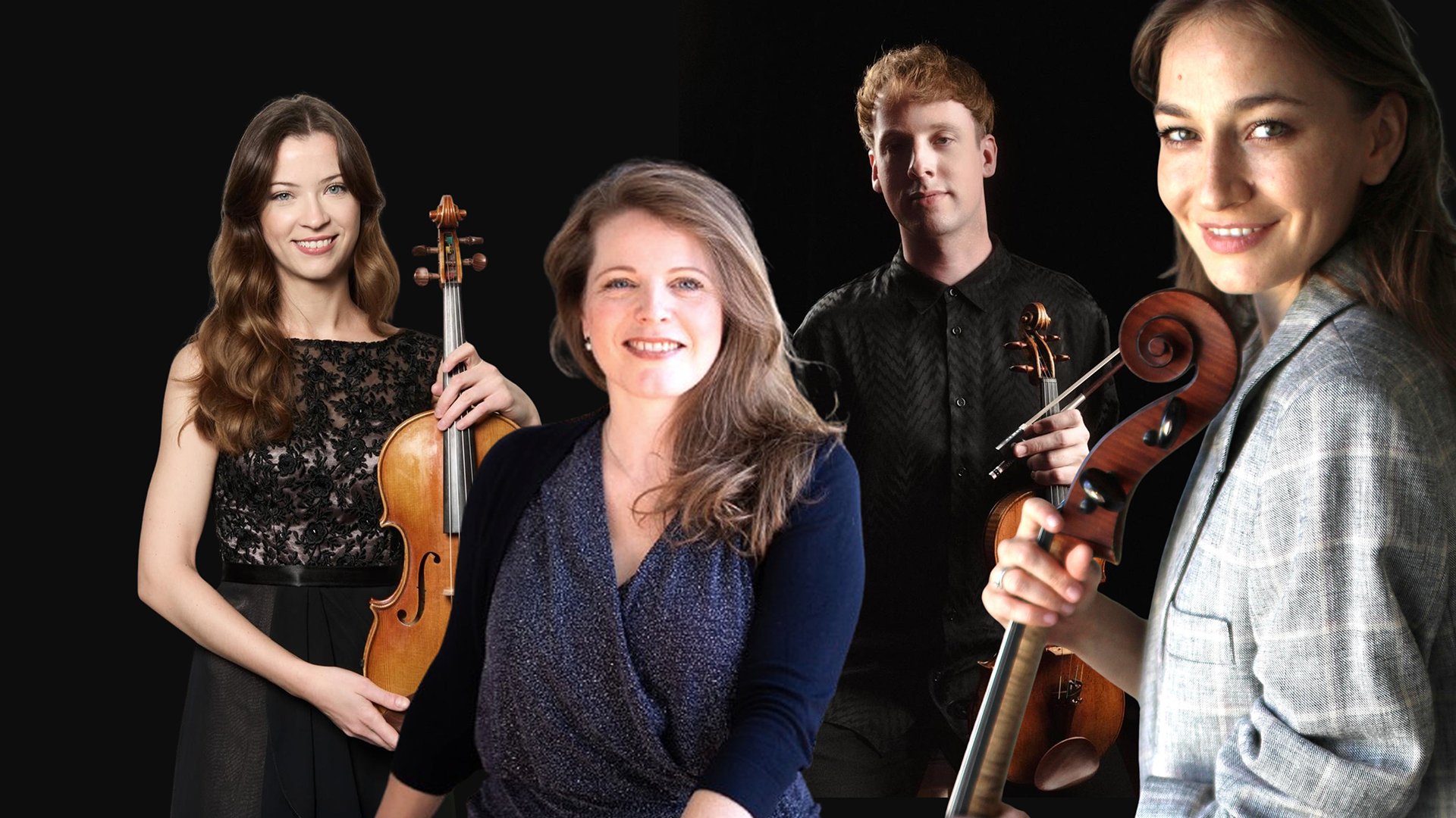 Turina Piano Quartet: Vier Musiker im Porträt mit Streichinstrumenten vor schwarzem Hintergrund, darunter zwei Geigerinnen, ein Bratschist und eine Pianistin.