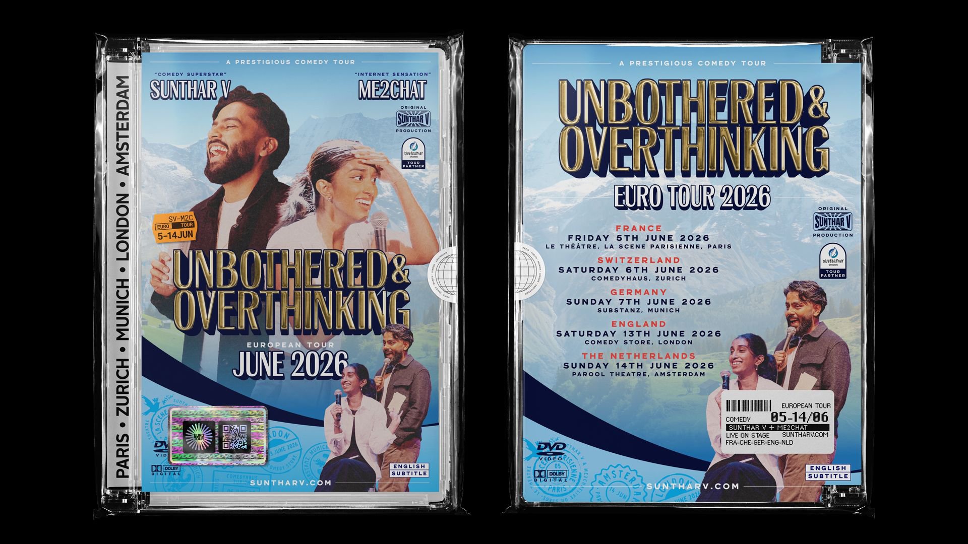 DVD Hüllen von vorne und hinten zu Unbothered & Overthinking mit zwei Comedians, Auftritte auf Bühne und Porträtbilder sowie Veranstaltungsinfos
