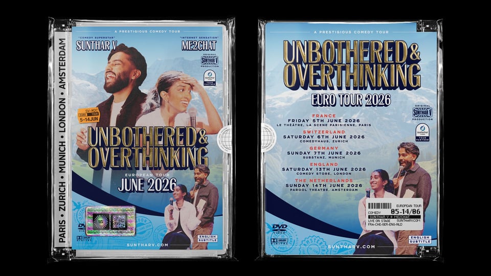 DVD Hüllen von vorne und hinten zu Unbothered & Overthinking mit zwei Comedians, Auftritte auf Bühne und Porträtbilder sowie Veranstaltungsinfos