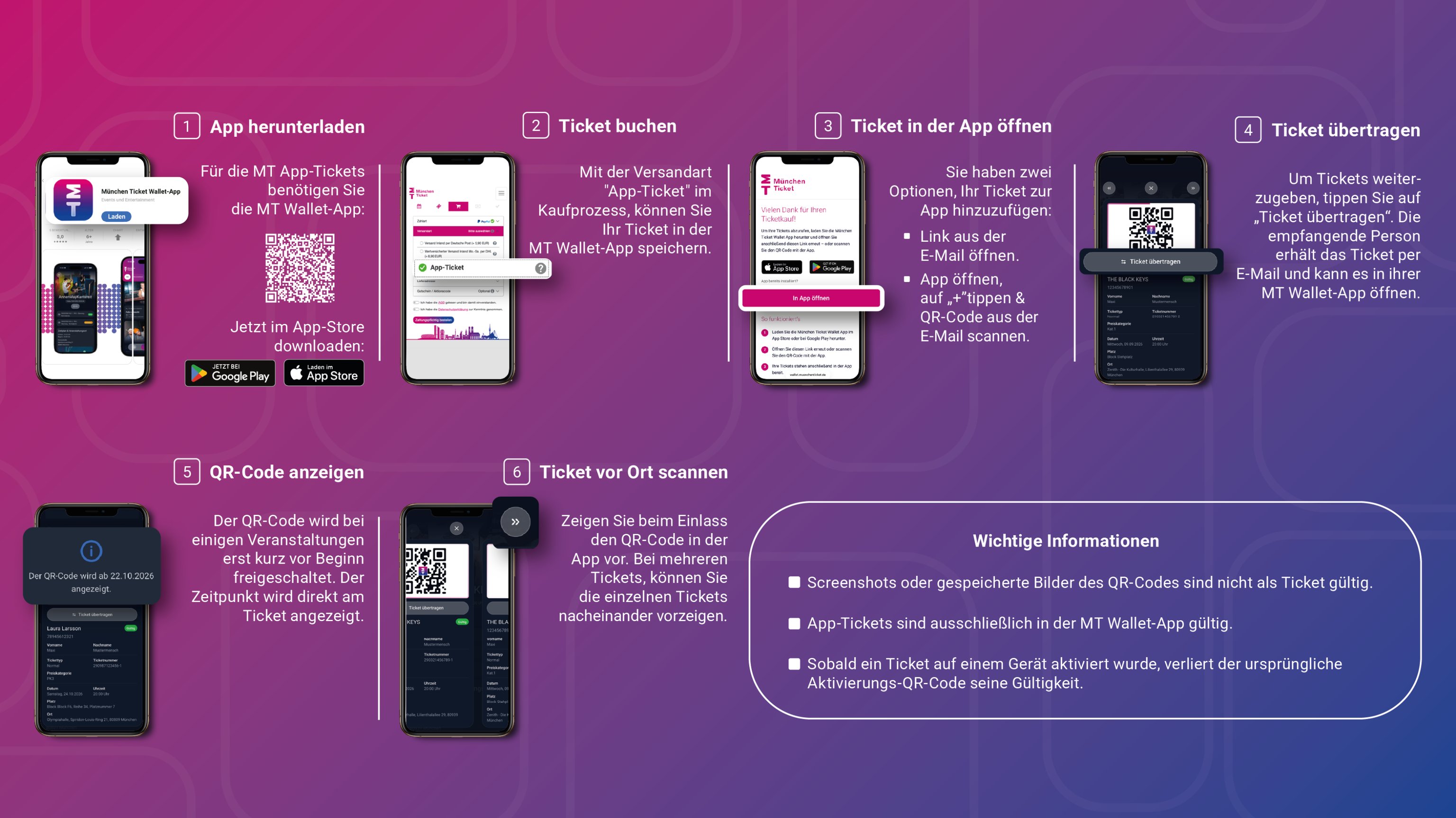 1. App herunterladen Für die App-Tickets benötigen Sie die München Ticket Wallet-App. Diese können Sie  im App Store oder Google Play downloaden.  2. App-Ticket wählen Tickets mit der Versandart App-Ticket buchen.  3. Ticket zur App hinzufügen QR-Code scannen oder Link aus der E-Mail anklicken, um die Tickets in der App zu hinterlegen.  4. Tickets übertragen Auf Ticket übertragen klicken > Empfängerdaten eingeben > Bestätigen. Der Empfänger erhält nun eine E-Mail, mit der die Tickets der App hinzugefügt werden können.  5. QR-Code anzeigen Der QR-Code wird bei einigen Veranstaltungen erst kurz vor Beginn freigeschaltet. Der Zeitpunkt der Sichtbarkeit wird Ihnen angezeigt.  6. Tickets vorzeigen Zeigen Sie beim Einlass einfach den QR-Code vor. Mehrere Tickets in der App? Sie können einfach hin und her swipen.