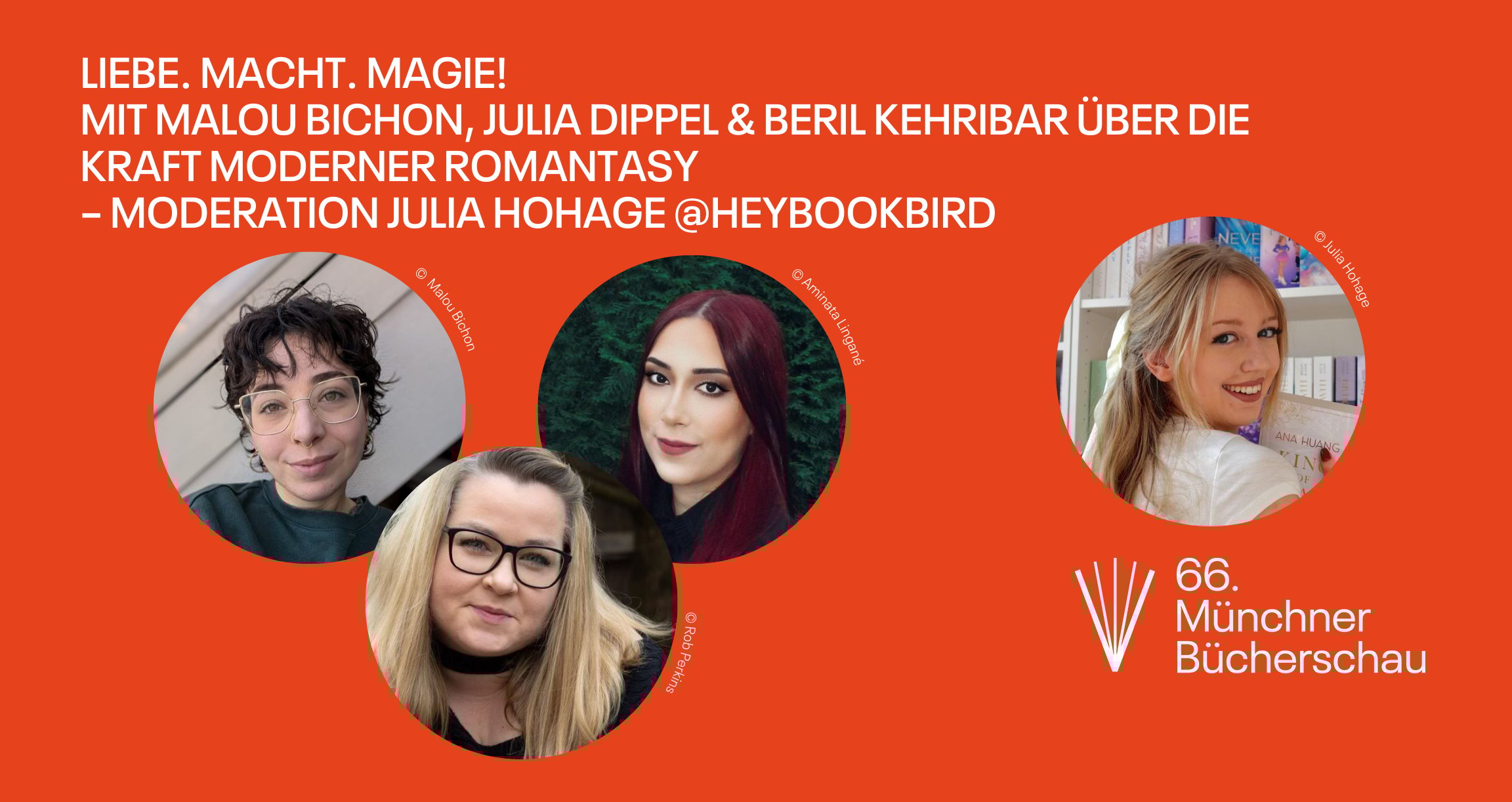 Grafik mit orangenem Hintergrund und vier Fotos verschiedener Personen.