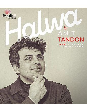 Veranstaltungsplakat für Amit Tandon – Halwa 2025 in München mit einer Illustration eines Mannes und typografischem Design