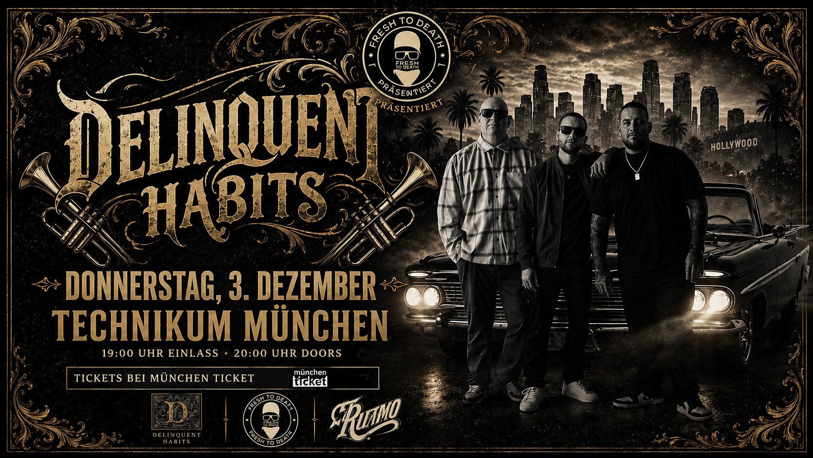 Konzertplakat von Delinquent Habits mit drei Personen vor Auto und Skyline sowie Eventdaten für München.