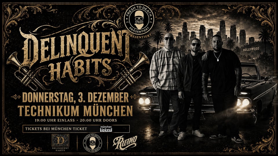 Konzertplakat von Delinquent Habits mit drei Personen vor Auto und Skyline sowie Eventdaten für München.