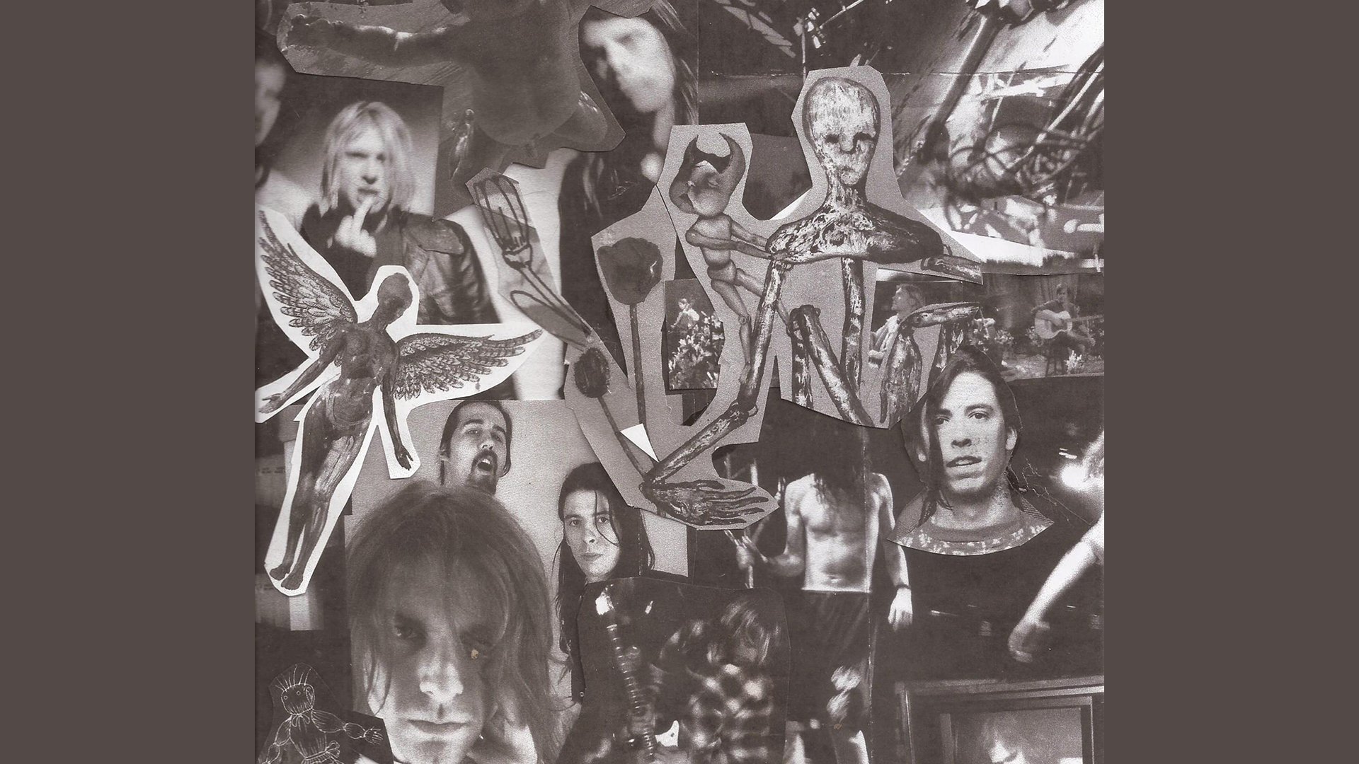 Collage mit verschiedenen Fotos der Band Nirvana in sepia