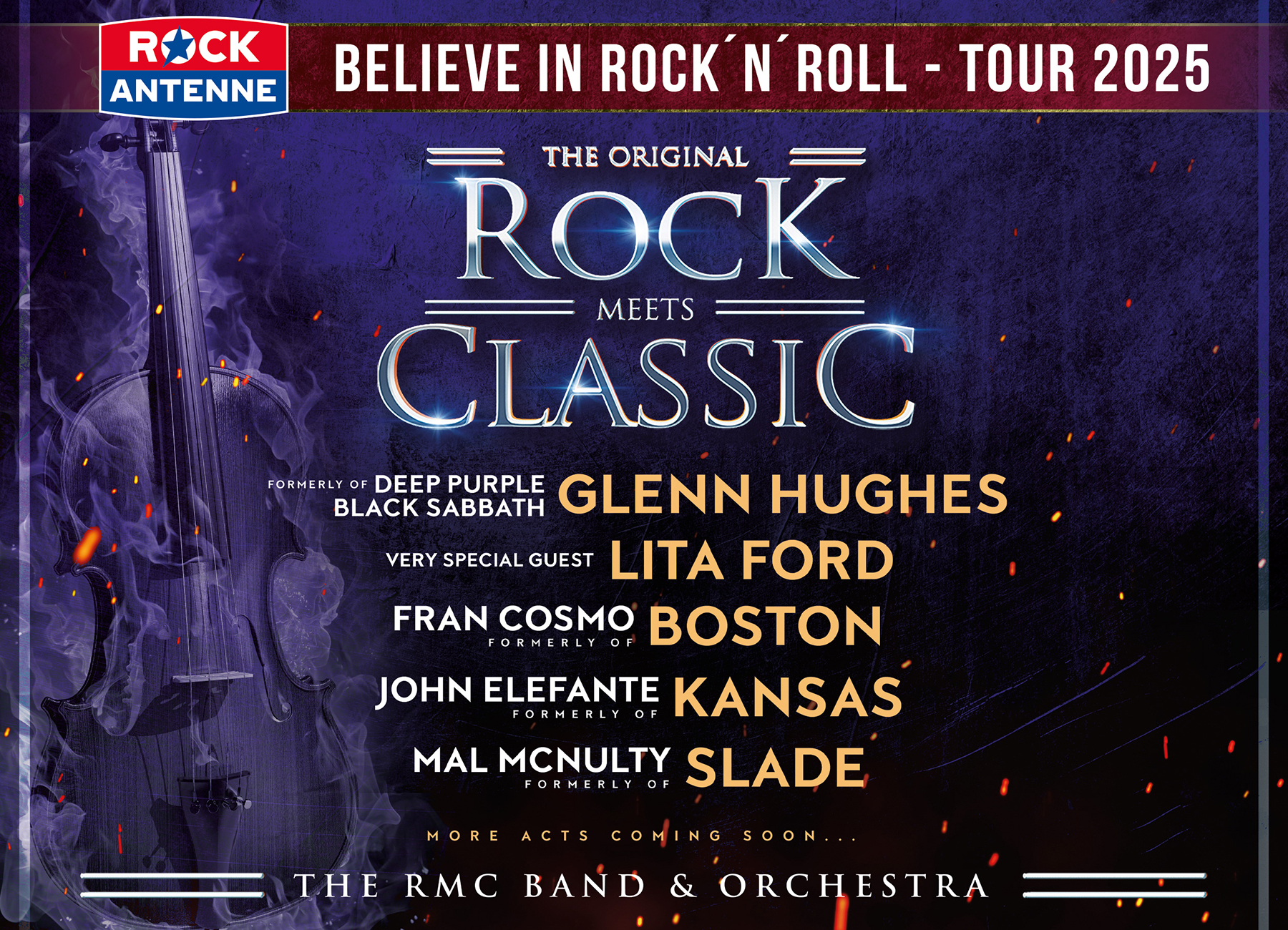 Plakat für die Tour "Rock meets Classic" mit dynamischen Grafiken und dem Line-Up der Tour.