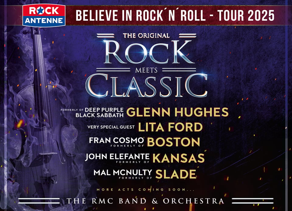 Plakat für die Tour "Rock meets Classic" mit dynamischen Grafiken und dem Line-Up der Tour.