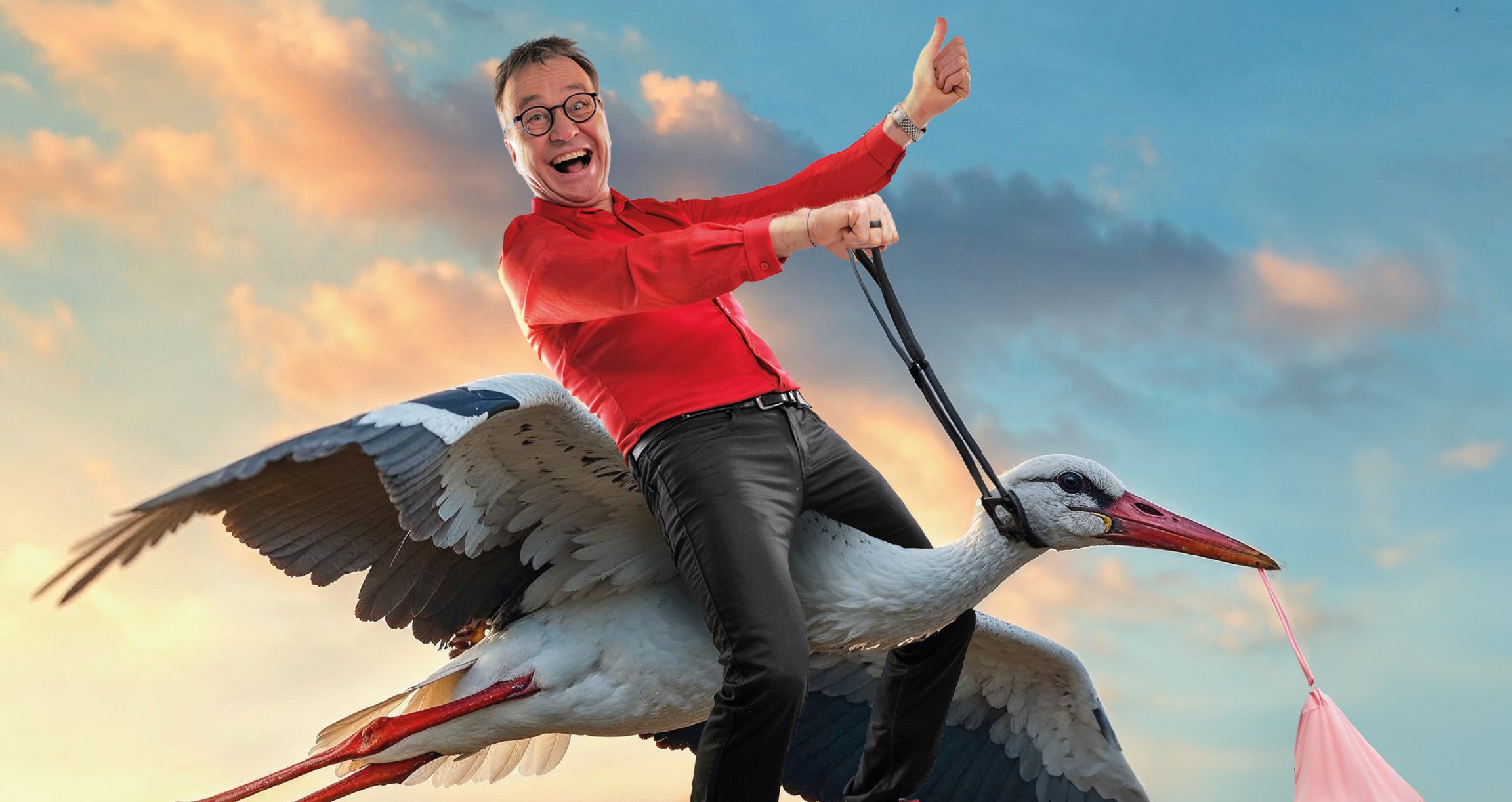 Heinrich Del Core fliegt auf einem Storch, der ein Baby transportiert