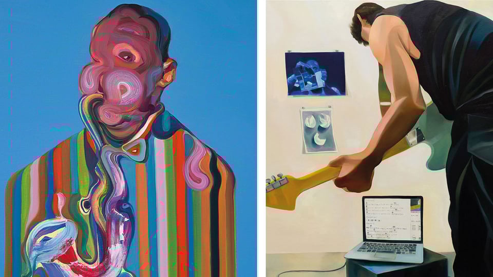 Digitale Grafik zum Event „United by Jazz – Was Kunst und Jazz verbindet“ mit zwei nebeneinanderstehenden Illustrationen: links ein abstraktes, farbenfrohes Porträt einer Person mit Saxophon vor blauem Hintergrund, rechts eine Person mit E-Gitarre in einem Raum mit Laptop auf einem Tisch und mehreren Bildern an der Wand.