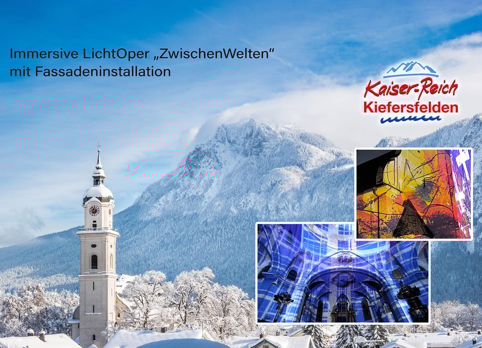 Eine Collage mit einer verschneiten Landschaft, zwei kleineren Fotos und schwarzer Typografie.