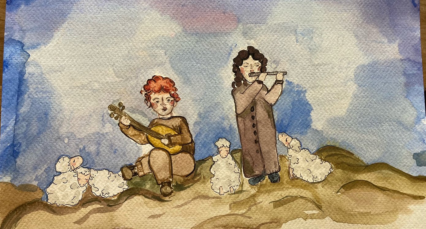 Gemälde von zwei Personen mit Musikinstrumenten umzingelt von Schafen