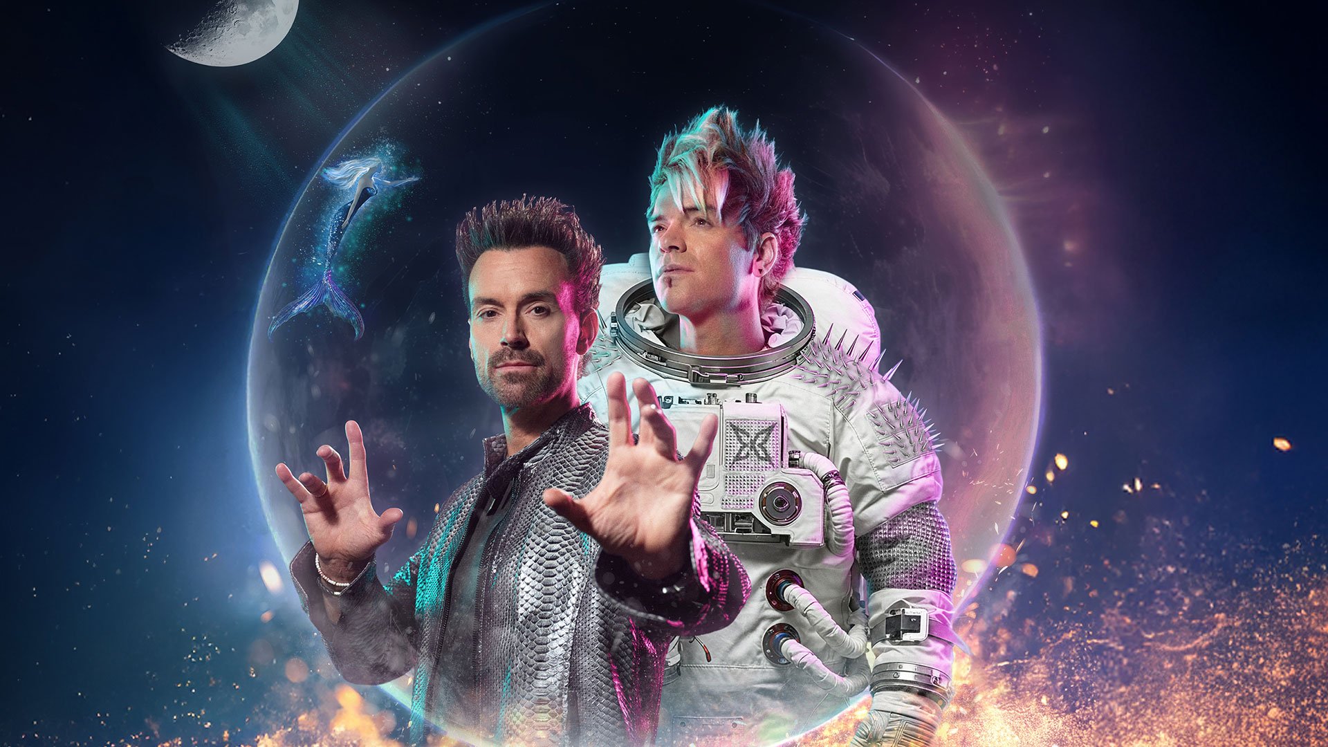 Foto für das Event EHRLICH BROTHERS – WONDERLAND mit einem Bild der Künstler, wobei einer von ihnen als Astronaut gekleidet ist und im Hintergrund ein Planet und der Mond zu sehen sind