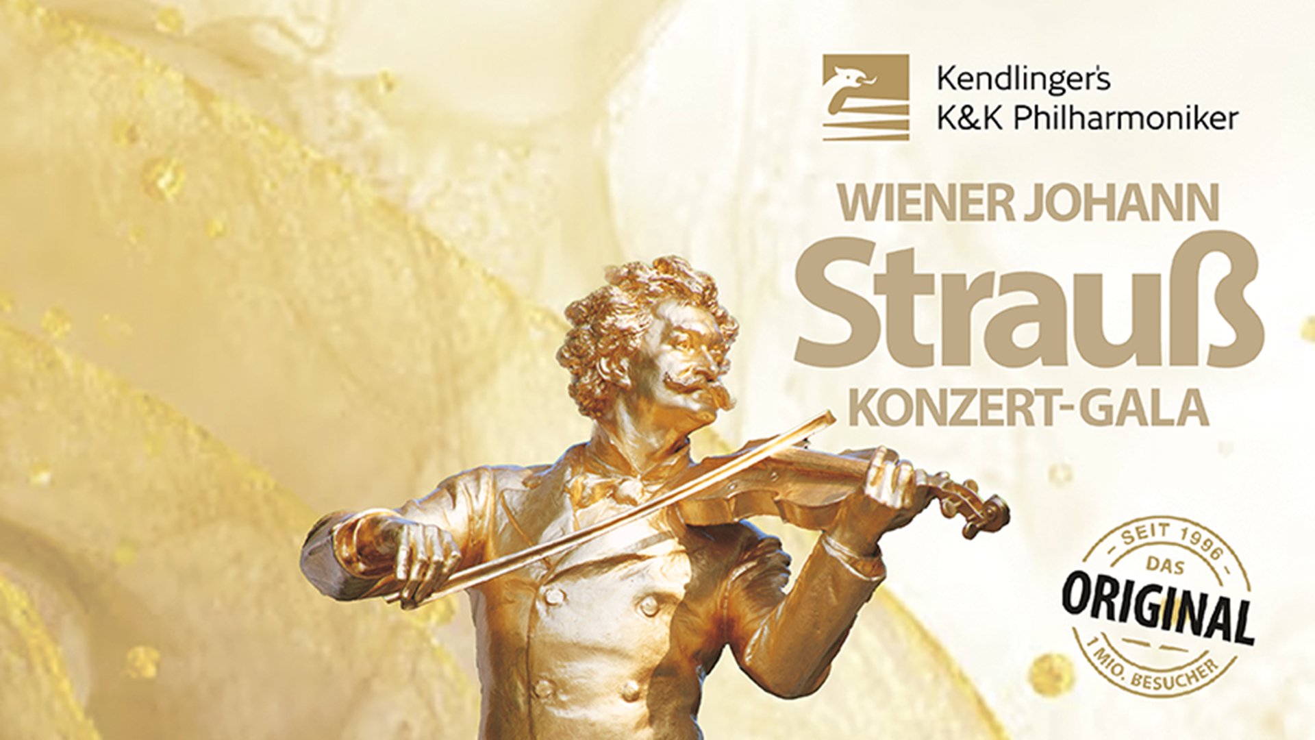 Keyvisual zur „Wiener Johann Strauss Konzert‑Gala“ der Kendlinger’s K&K Philharmoniker mit goldfarbener Statue eines Violinspielers vor hellem Hintergrund und Veranstaltungstitel im Bild.
