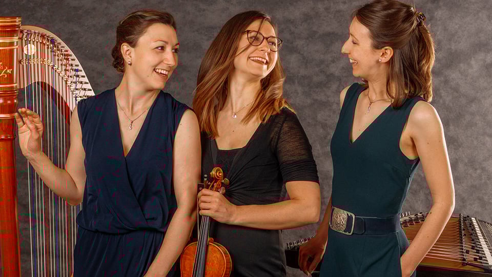 Foto für die Veranstaltung des Ensemble Vielsaitig mit den drei Künstlerinnen mit Saiteninstrumenten und einer Harfe